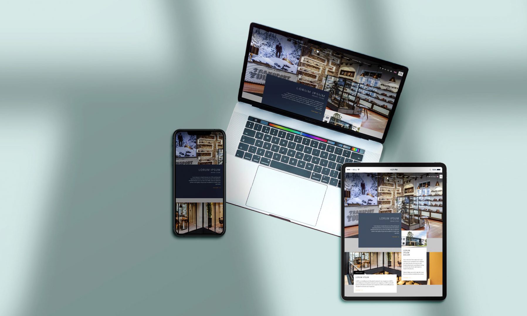 Website maatwerk is voor unieke websites en merkbeleving, zichtbaar op alle devices zoals hier afgebeeld, laptop, Ipad en Iphone